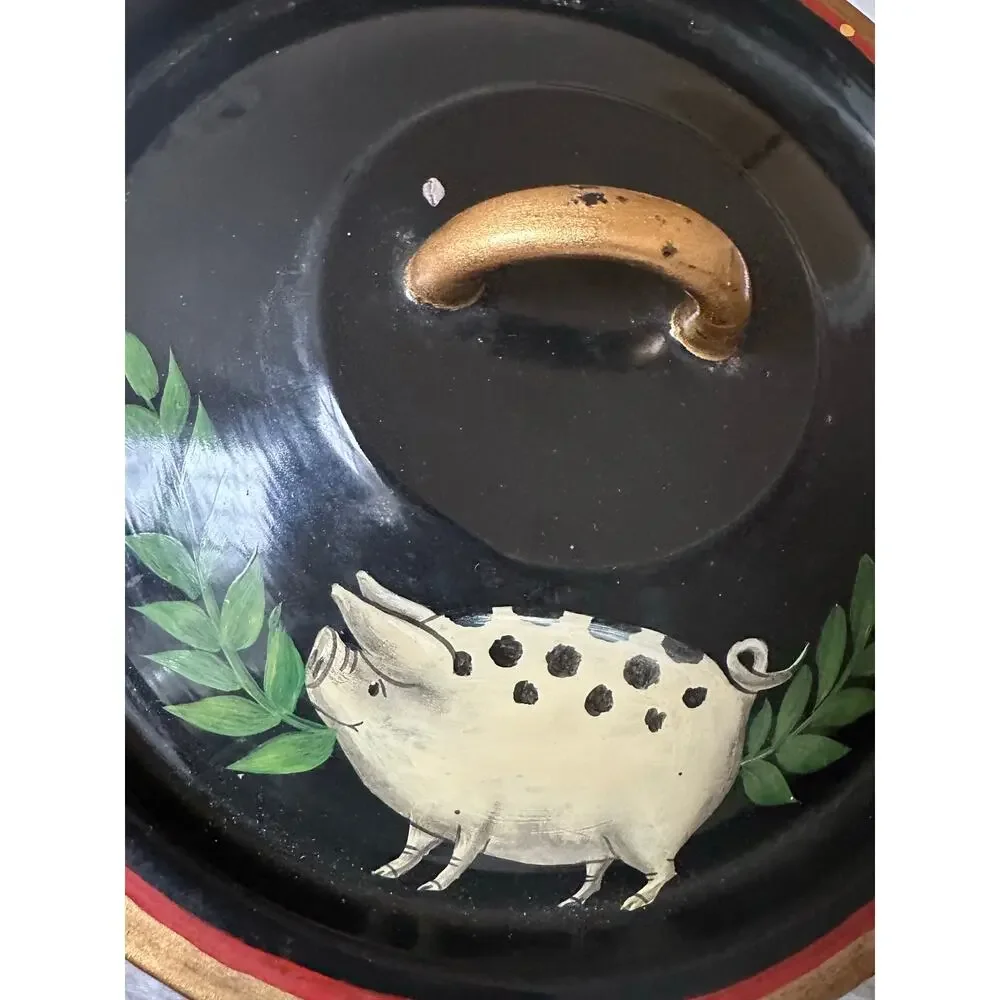 Emma Hunk Hand Painted Enamel Pot PIGS, 2000 vintage black Gold Handles 6.5x10”